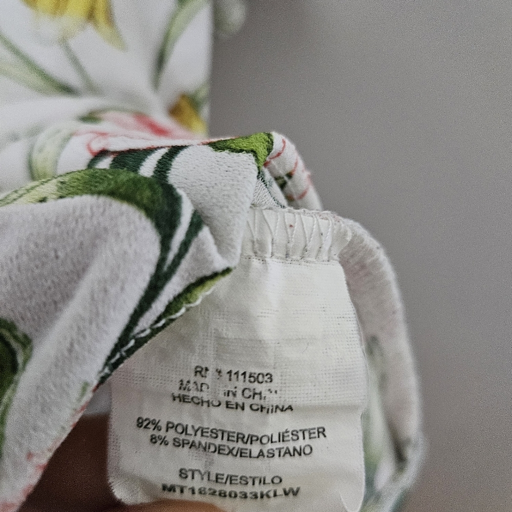 Lily White Blouse Floral Print Top Yellow Pink Green V-Neck Tie Front Casual - Picture 7 of 8